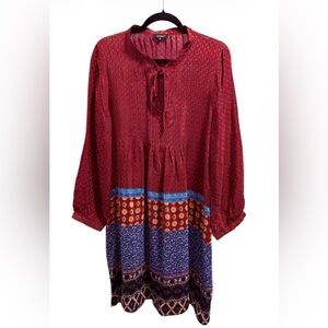 Tolani Red Floral💯Silk Boho High Neck Long Sleeve Midi Dress Women’s XL (NWT)